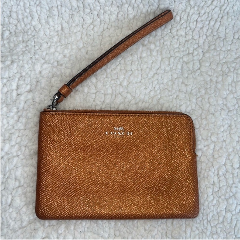 Coach Metallic Orange Pebble Leather Wristlet